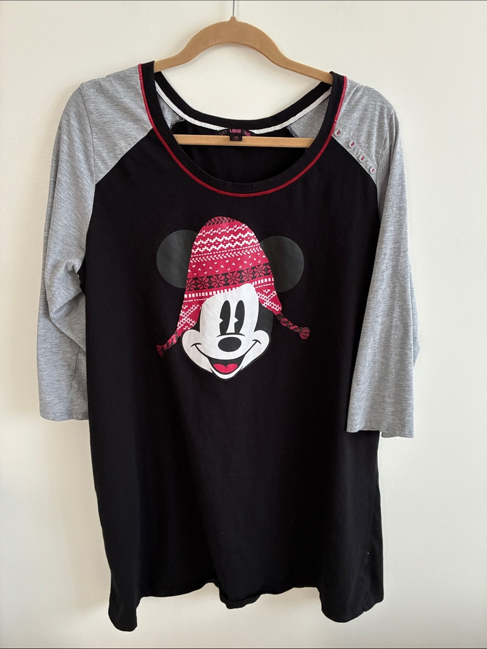 Disney Black and Gray Raglan Tee with Red Hat Mickey Graphic